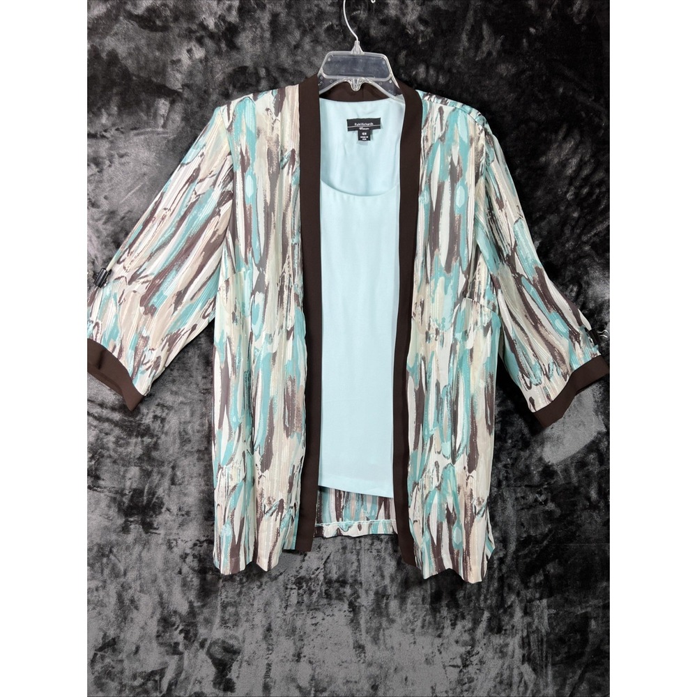 R&M Richards Layered Chiffon Jacket Top Aqua Brown Art-to-Wear Women's L